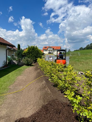 Referenzprojekte, Pflanzwall als Hochwasserschutz, Gartenpflege in Wohnanlage, Holzpodest für gewerblichen Kunden und Dachbegrünung