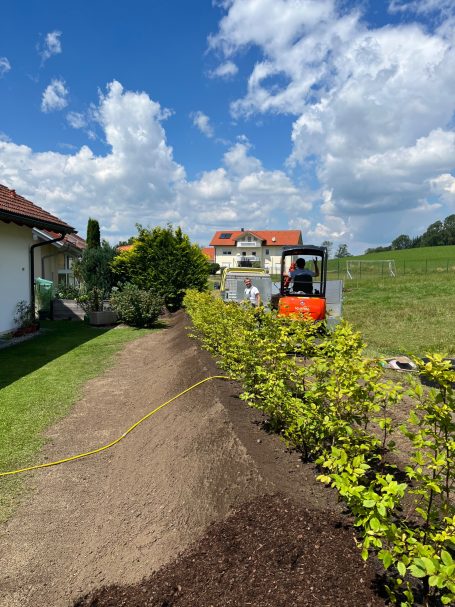 Referenzprojekte, Pflanzwall als Hochwasserschutz, Gartenpflege in Wohnanlage, Holzpodest für gewerblichen Kunden und Dachbegrünung